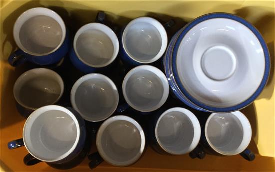 Blue Denby cups, saucers and plated spoons